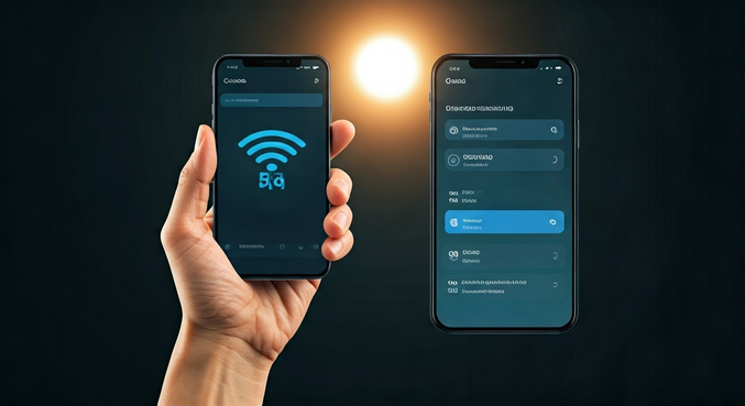 alt_text: Osoba sprawdzająca ustawienia 5G w telefonie na tle naturalnym, z nienachalną kolorystyką.
