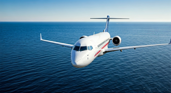 alt_text: Obrazek przedstawia lot z Polski do USA, widok przez okno na chmury i horyzont nad oceanem.