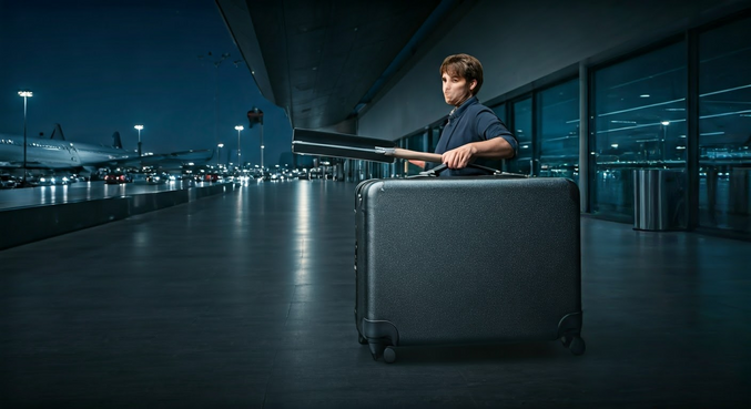 alt_text: Osoba pakująca elektronikę do walizki na lotnisku, skupiona i dbająca o bezpieczeństwo sprzętu.
