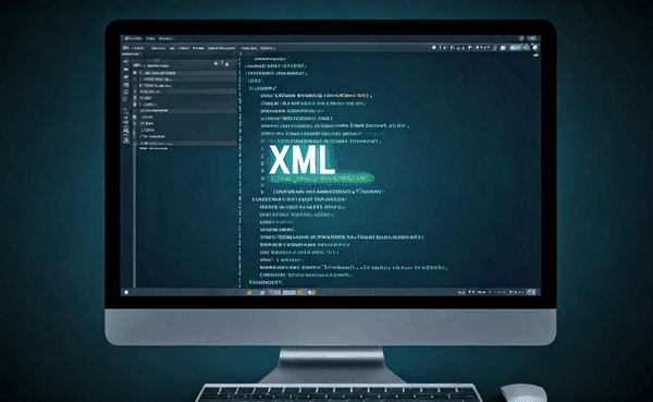 alt_text: Ekran z edytorem tekstu, pokazujący przykładowy kod XML i symbole technologiczne w tle.