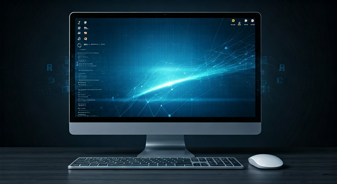 alt_text: Osoba sprawdzająca status portu 445 na komputerze w biurze, z narzędziami sieciowymi w tle.