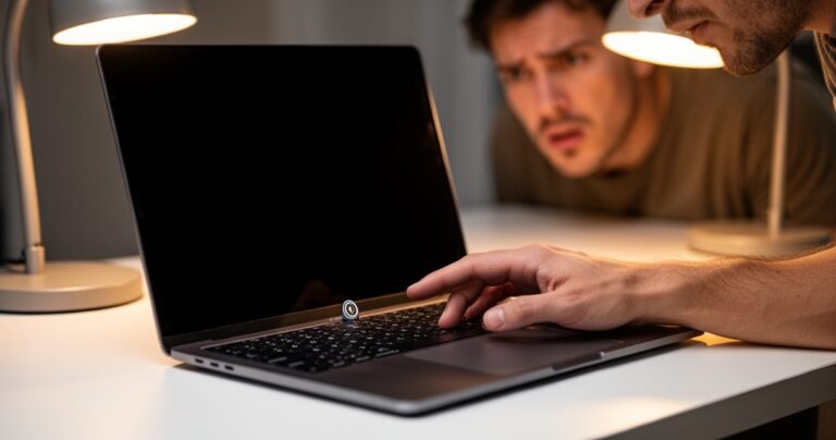 Dłoń naciskająca przycisk zasilania laptopa z czarnym, nieresponsywnym ekranem na białym biurku
