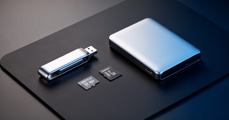 Pendrive, karta microSD i przenośny dysk zewnętrzny ułożone na ciemnej matowej powierzchni w stylu flat lay.