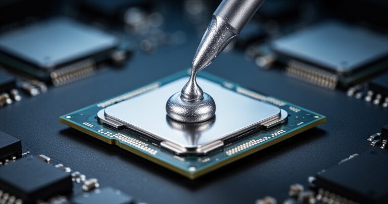 Srebrna pasta termoprzewodząca nałożona na środek procesora CPU, makrofotografia w chłodnych, srebrno-niebieskich tonach