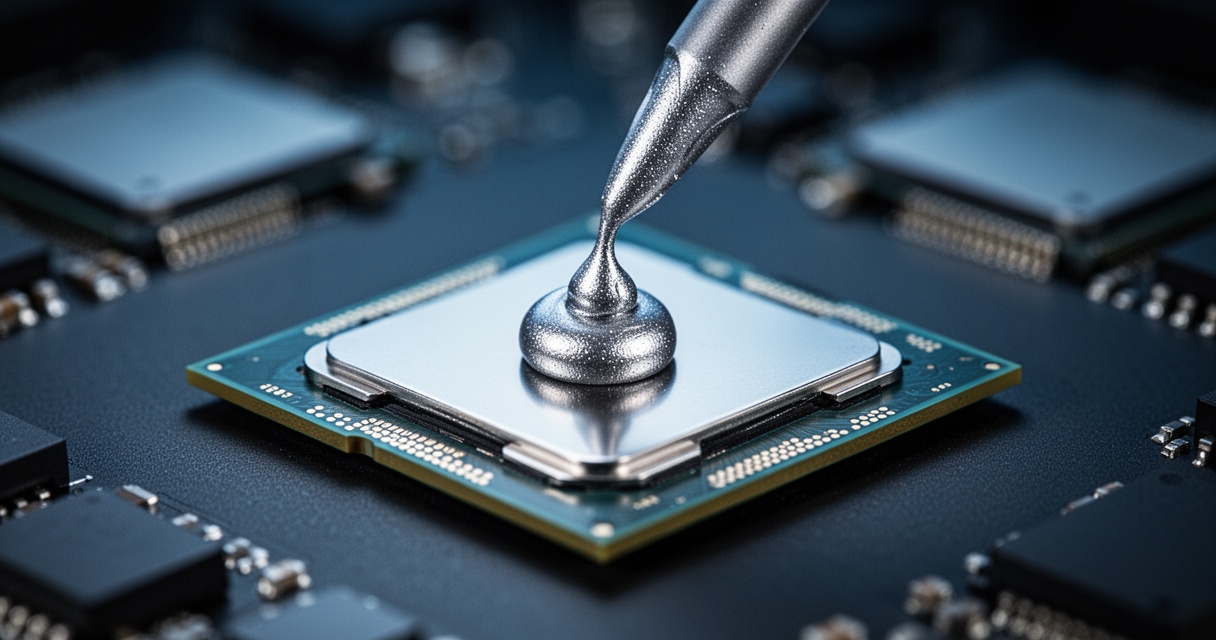 Srebrna pasta termoprzewodząca nałożona na środek procesora CPU, makrofotografia w chłodnych, srebrno-niebieskich tonach