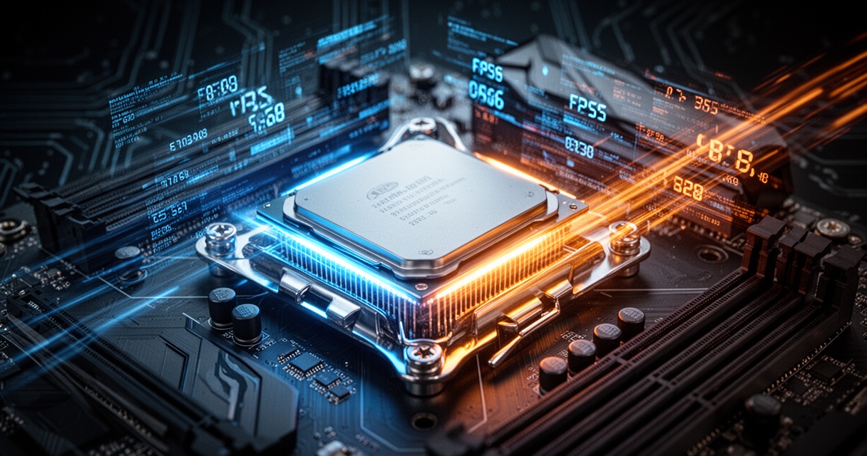 Procesor CPU na płycie głównej z podświetleniem RGB w kolorach niebieskim i pomarańczowym, otoczony cyfrowymi strumieniami da