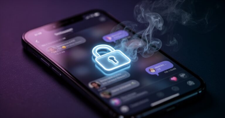 Smartfon z rozmytym interfejsem przypominającym Instagram, ikona kłódki w niebieskim neonowym świetle, zanikające dymki czatu