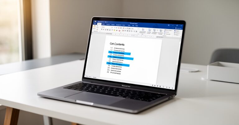 Laptop z otwartym dokumentem Microsoft Word z widocznym spisem treści podświetlonym na niebiesko
