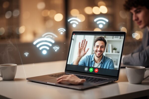 Młody profesjonalista podczas rozmowy wideo na laptopie, na ekranie uśmiechnięta osoba, minimalistyczne biurko z kawą