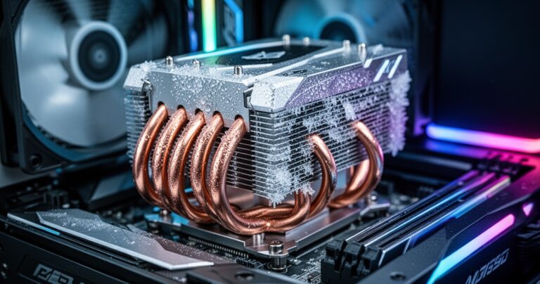 Wysokiej klasy chłodzenie CPU z miedzianymi ciepłowodami i aluminiowymi żebrami, podświetlenie RGB, efekt kondensacji