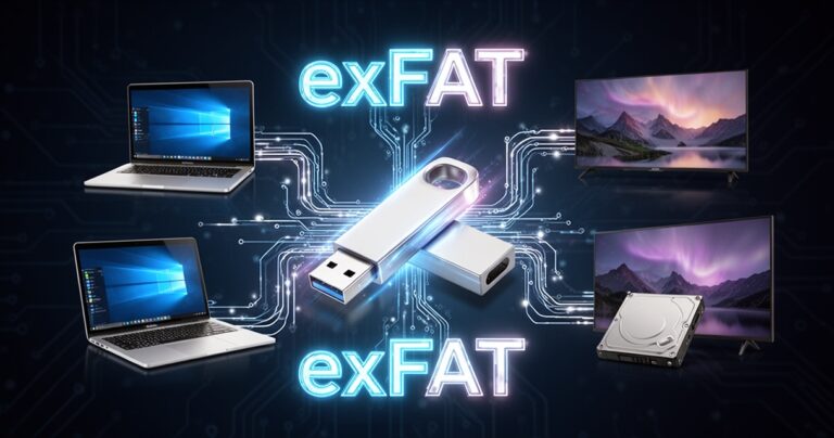 Pendrive i dysk zewnętrzny połączone liniami danych z laptopem Windows, MacBookiem i smart TV, z napisem exFAT