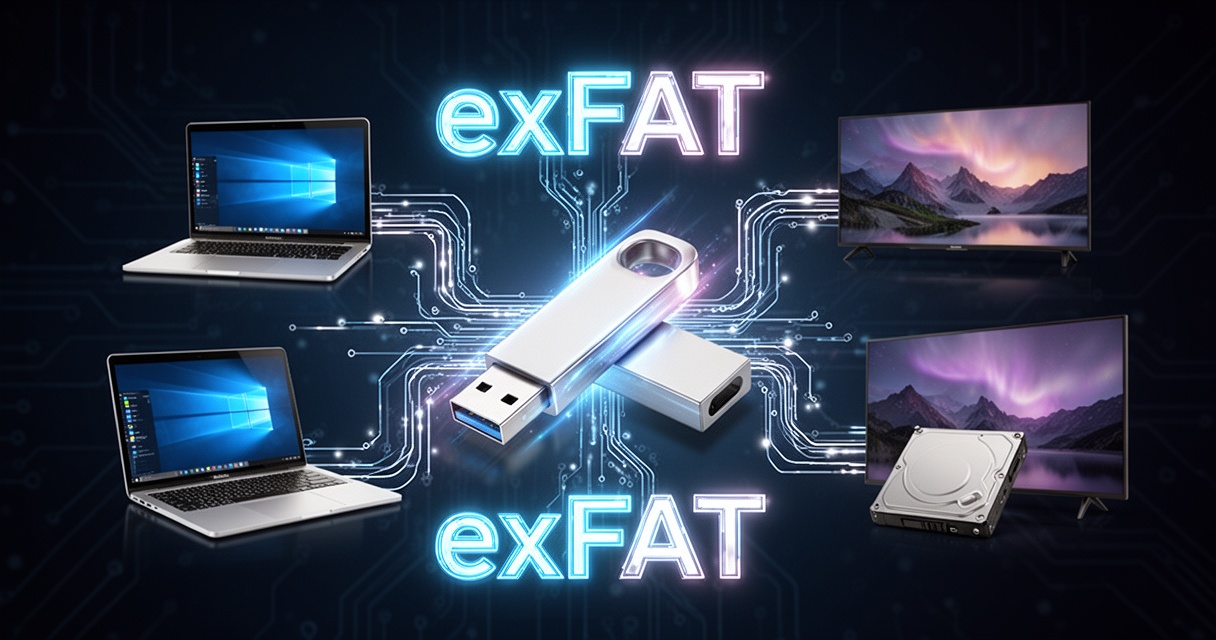 Pendrive i dysk zewnętrzny połączone liniami danych z laptopem Windows, MacBookiem i smart TV, z napisem exFAT