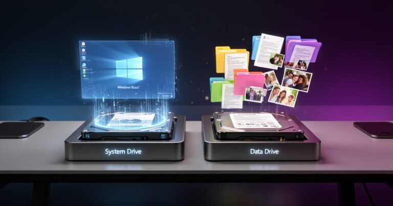 Dwa dyski SSD obok siebie – jeden z hologramem systemu operacyjnego, drugi otoczony ikonami plików i folderów