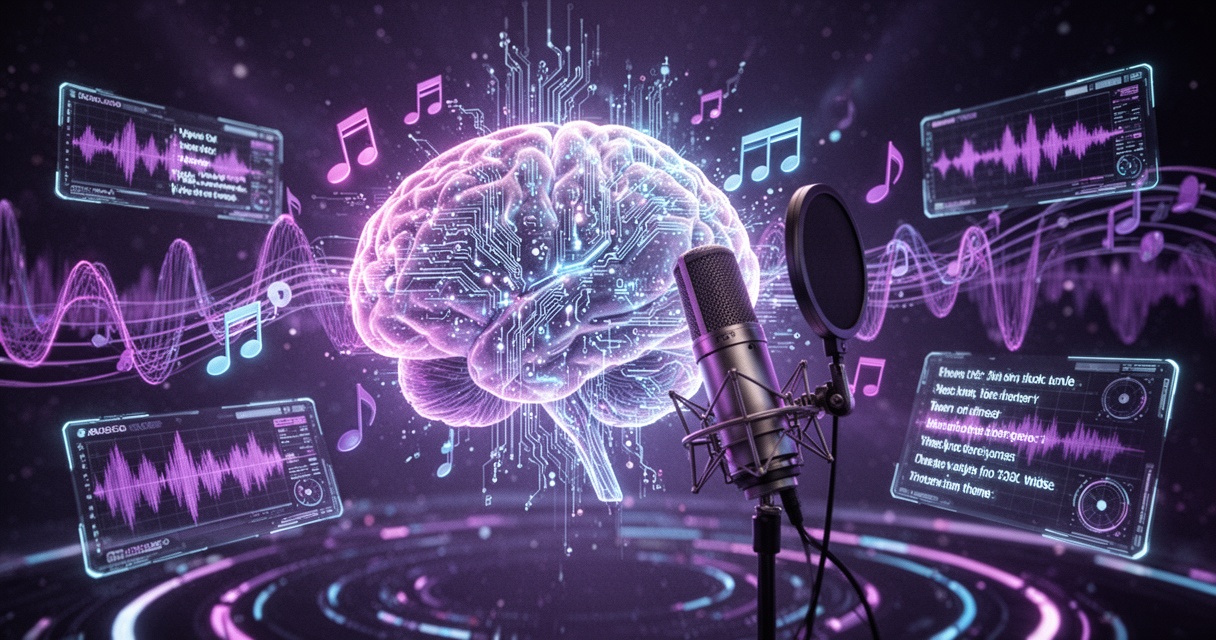 Futurystyczne cyfrowe studio muzyczne AI z neonowymi falami dźwiękowymi, nutami i holograficznymi panelami w fioletowo-niebie