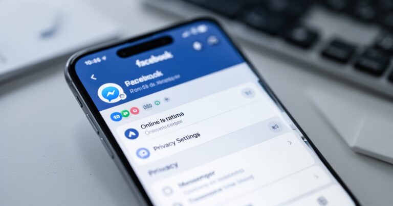 Ekran smartfona z interfejsem Facebook Messenger, widoczne wskaźniki statusu online i ustawienia prywatności
