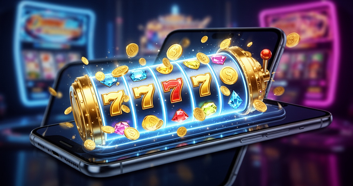Ekran telefonu z wirującym automatem slotowym, złote monety i klejnoty, neonowe tło w stylu kasyna