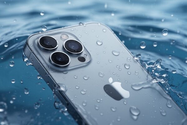 iPhone 16 częściowo zanurzony w wodzie z kroplami na powierzchni, niebieskie tło, zdjęcie produktowe