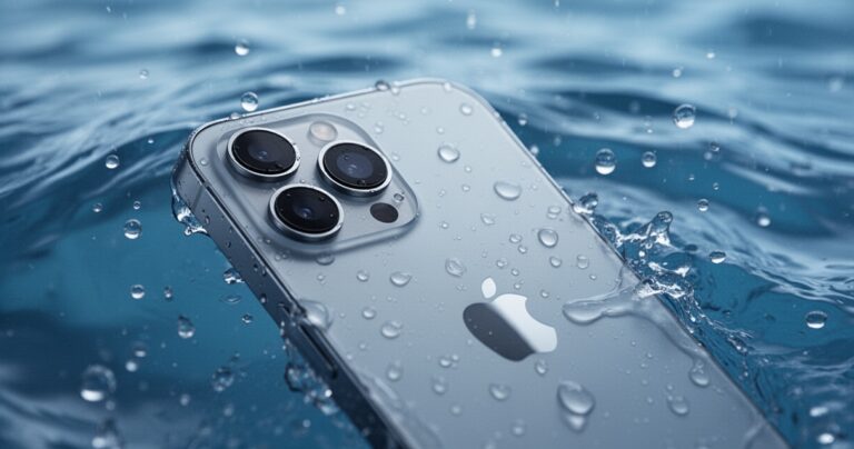 iPhone 16 częściowo zanurzony w wodzie z kroplami na powierzchni, niebieskie tło, zdjęcie produktowe