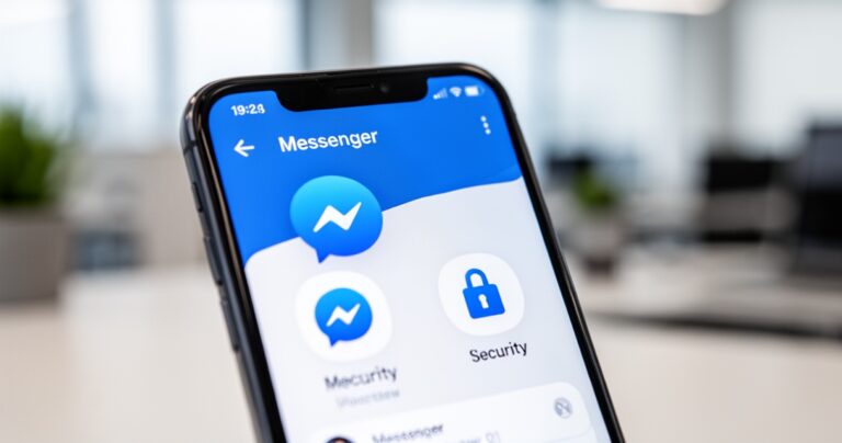 Ekran smartfona z aplikacją Messenger, widoczne ikony kłódki i zabezpieczeń, niebiesko-biała kolorystyka