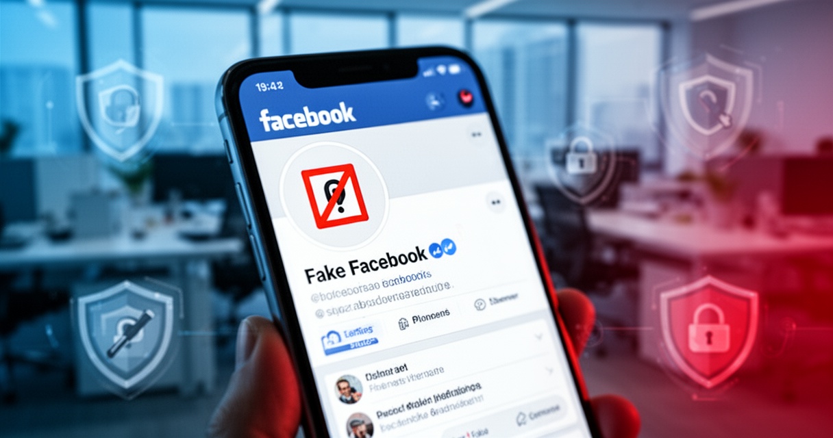 Ekran smartfona z fałszywym profilem na Facebooku, ikony ostrzeżeń i bezpieczeństwa, niebiesko-czerwona kolorystyka