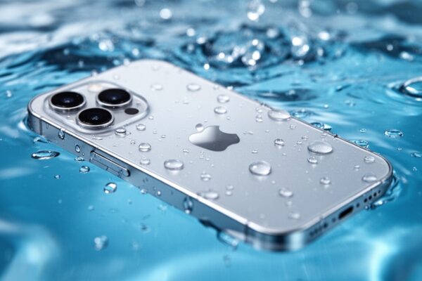 iPhone 13 zanurzony w krystalicznie czystej wodzie z kroplami wody na ekranie