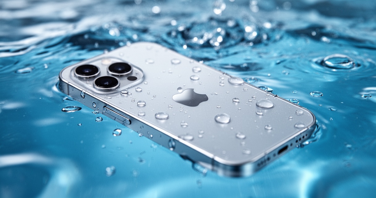 iPhone 13 zanurzony w krystalicznie czystej wodzie z kroplami wody na ekranie
