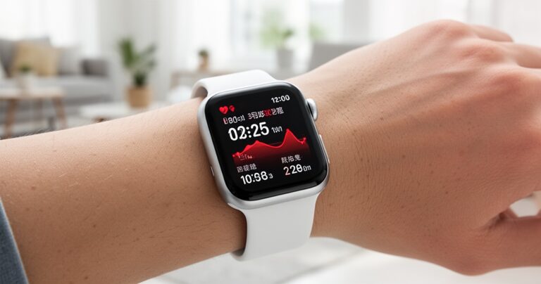 Smartwatch na nadgarstku wyświetlający pomiar ciśnienia krwi, srebrno-biała obudowa, rozmyte jasne wnętrze w tle