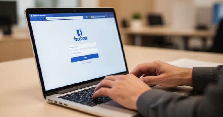 Dłonie osoby wpisującej dane logowania na stronie Facebooka na laptopie, rozmyte biurowe tło