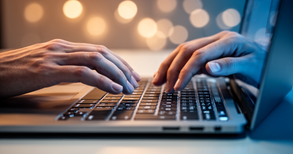 Dłonie unoszące się nad klawiaturą laptopa, niebiesko-srebrna kolorystyka, miękkie rozmyte tło