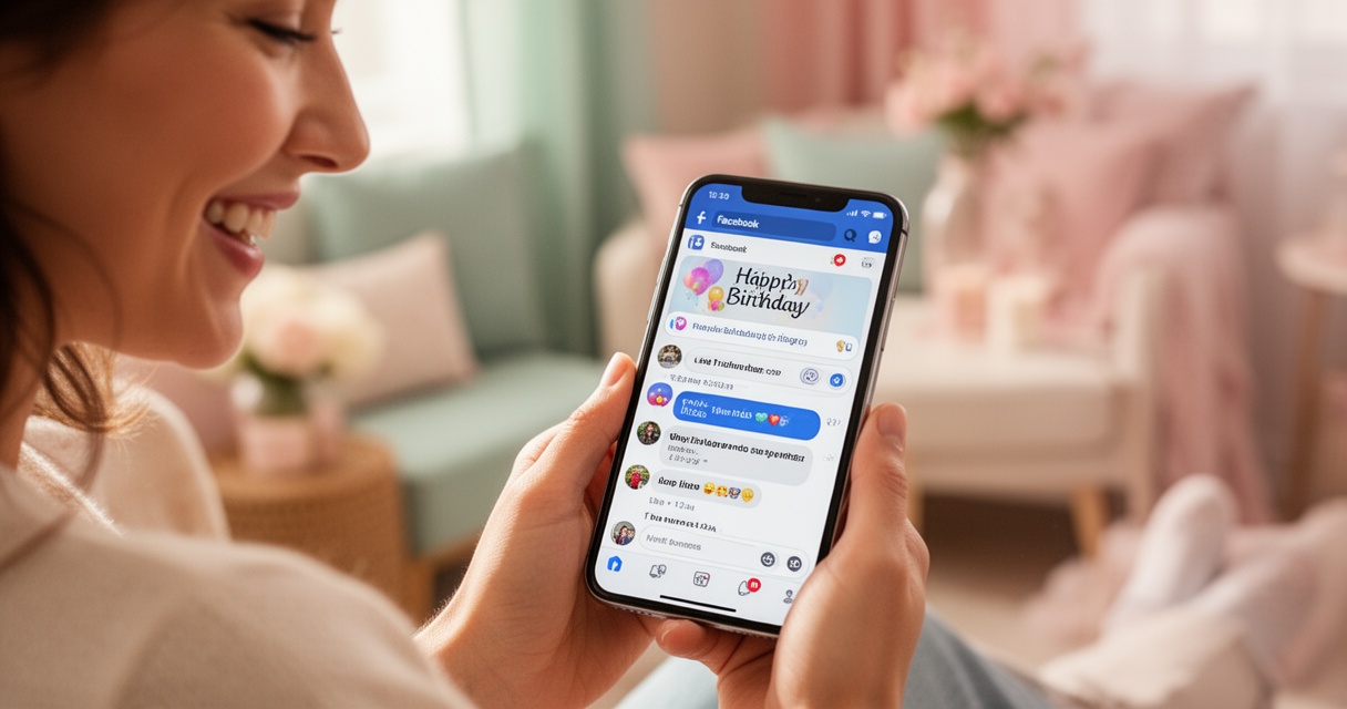 Uśmiechnięta osoba trzymająca smartfon z życzeniami urodzinowymi na Facebooku, miękkie naturalne światło, przytulne wnętrze w
