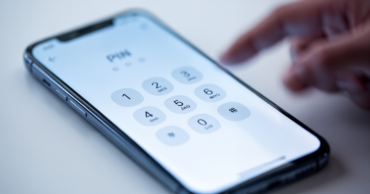 Ekran smartfona z interfejsem wprowadzania kodu PIN i klawiaturą numeryczną, dłoń wskazująca na ekran