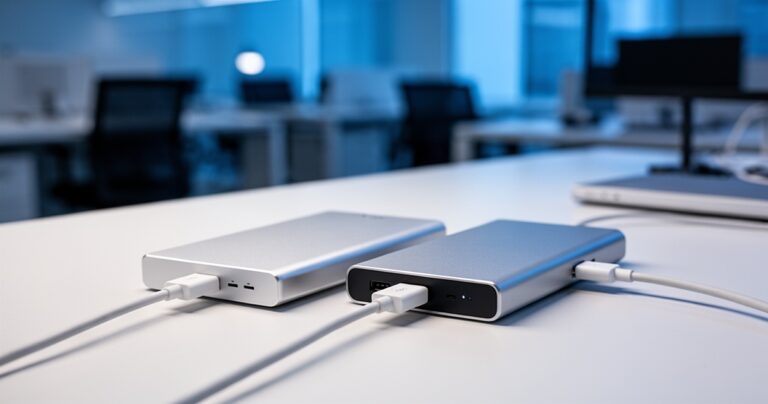 Dwa zewnętrzne dyski twarde podłączone kablami USB na biurku, w minimalistycznym otoczeniu z niebieskim oświetleniem