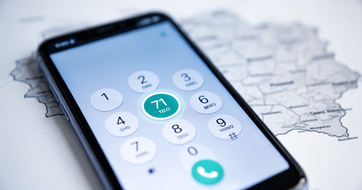 Ekran smartfona z klawiaturą telefoniczną i podświetloną cyfrą 71, w tle rozmyta mapa Polski.