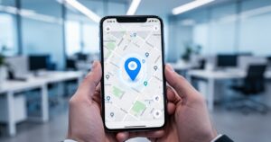 Smartfon wyświetlający mapę z lokalizatorem GPS, trzymany w dłoniach na tle nowoczesnego biura