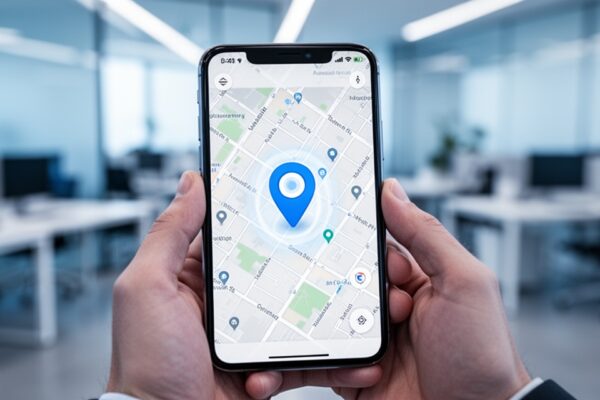 Smartfon wyświetlający mapę z lokalizatorem GPS, trzymany w dłoniach na tle nowoczesnego biura