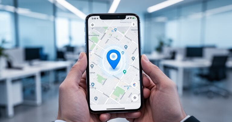 Smartfon wyświetlający mapę z lokalizatorem GPS, trzymany w dłoniach na tle nowoczesnego biura