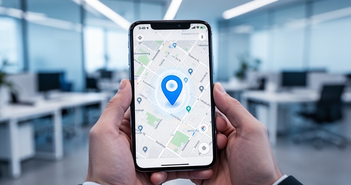 Smartfon wyświetlający mapę z lokalizatorem GPS, trzymany w dłoniach na tle nowoczesnego biura