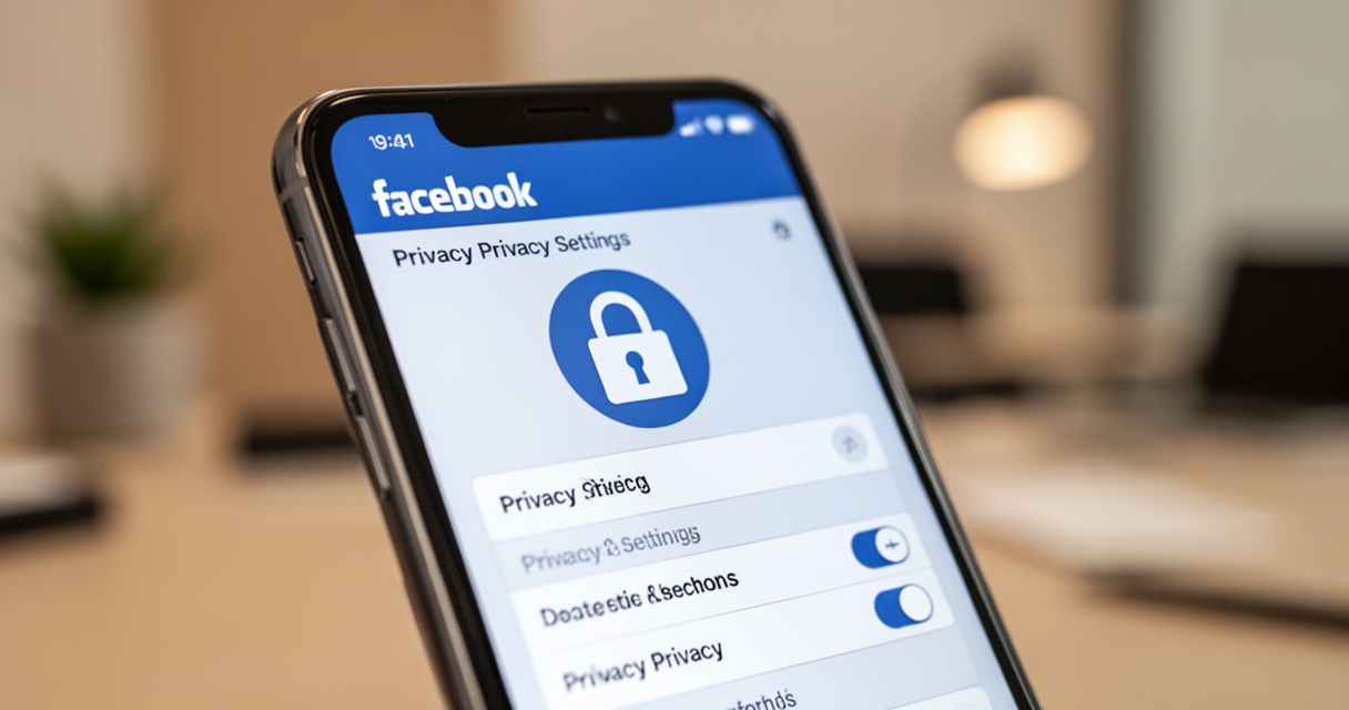 Ekran smartfona z ustawieniami prywatności Facebooka, ikona kłódki i opcje kontroli widoczności