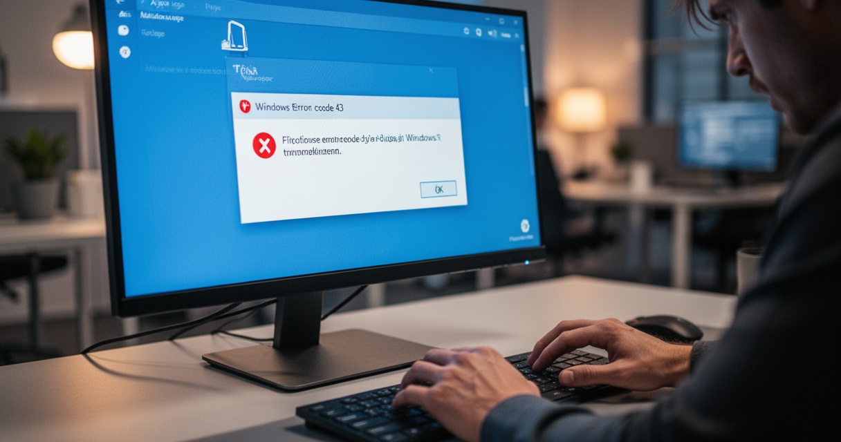 Ekran komputera z komunikatem błędu Windows kod 43, dłoń użytkownika przy klawiaturze, rozmyte biurowe tło