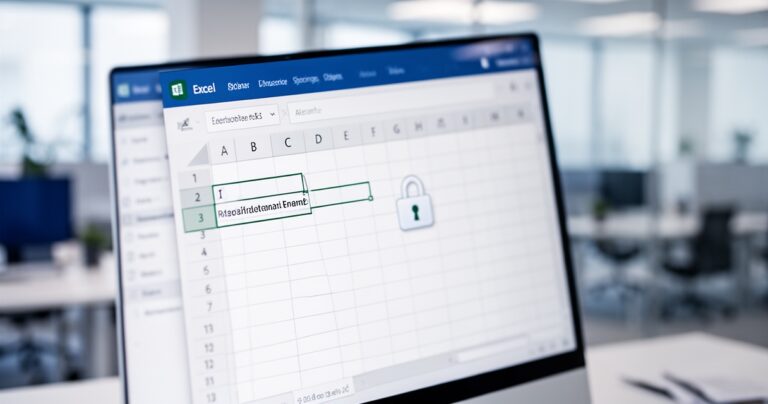 Arkusz Excel z wyróżnionym wierszem i ikoną kłódki na ekranie komputera w biurowym otoczeniu
