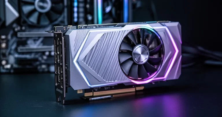 Nowoczesna karta graficzna z podświetleniem RGB i metalicznym radiatorem na ciemnym tle
