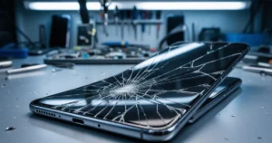 Zbliżenie na pęknięty ekran smartfona na tle rozmytego warsztatu naprawy telefonów
