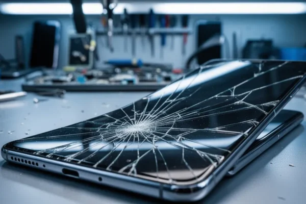 Zbliżenie na pęknięty ekran smartfona na tle rozmytego warsztatu naprawy telefonów
