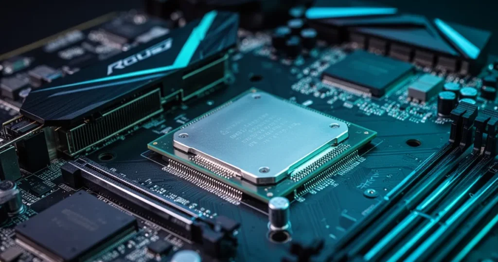 Karta graficzna GPU i procesor CPU na ciemnym tle z niebieskim podświetleniem, nowoczesny sprzęt gamingowy