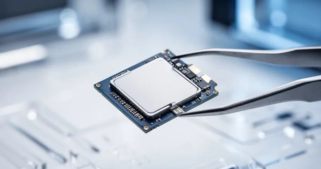 Dysk SSD trzymany pęsetą na rozmytym tle technologicznym w niebiesko-białym oświetleniu