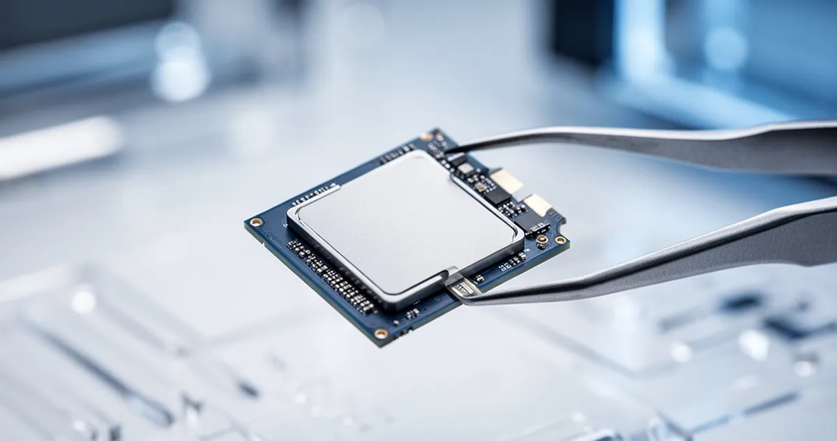Dysk SSD trzymany pęsetą na rozmytym tle technologicznym w niebiesko-białym oświetleniu