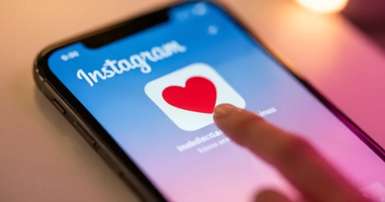 Smartfon z aplikacją Instagram, czerwone serce symbolizujące polubienie zdjęcia, rozmyte tło w ciepłych barwach