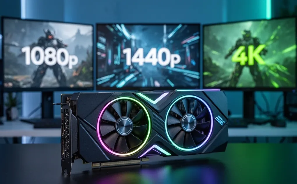 Karta graficzna z podświetleniem RGB na tle trzech monitorów prezentujących rozdzielczości 1080p, 1440p i 4K