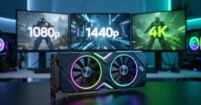 Karta graficzna z podświetleniem RGB na tle trzech monitorów prezentujących rozdzielczości 1080p, 1440p i 4K