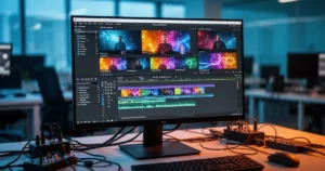 Monitor komputerowy z profesjonalną osią czasu edycji wideo, kolorowe klipy i efekty, sprzęt do montażu na biurku.
